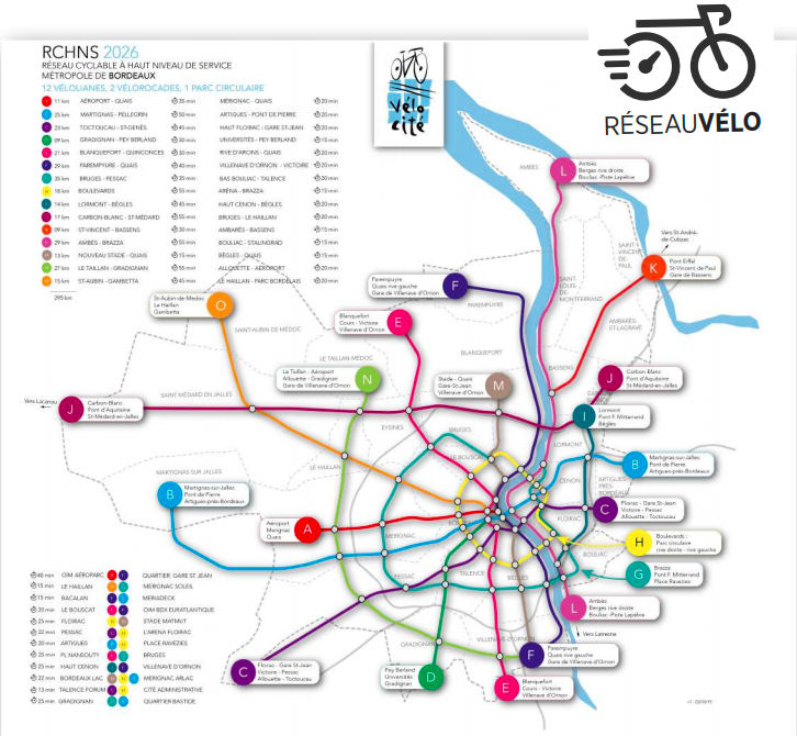Carte du haut réseau cyclable Bordeaux RCHNS - Vélo-Cité