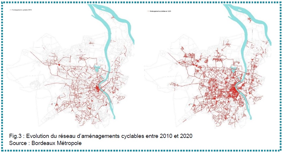 Source : Bordeaux Métropole - Evolution du réseau d'aménagements cyclables entre 2010 et 2020